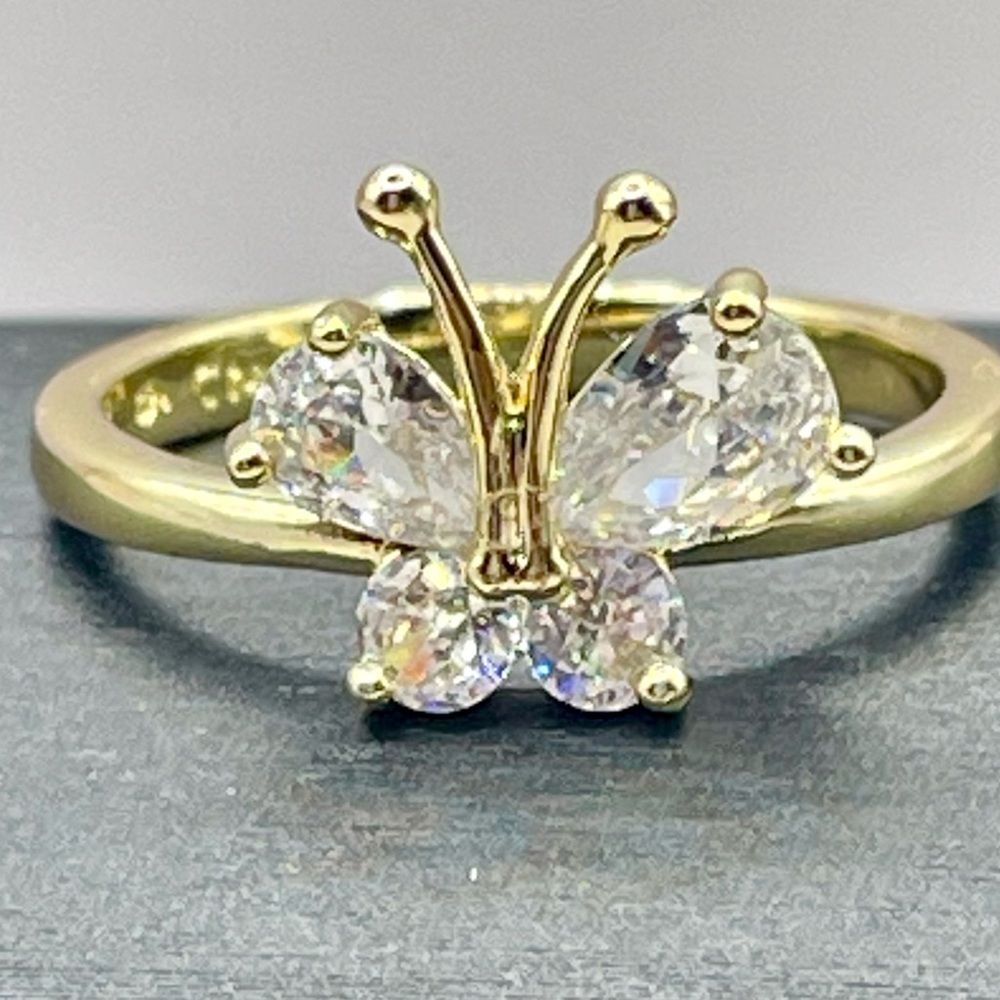 Gold Plated Butterfly Clear Crystal Ring. Size 8 1/2